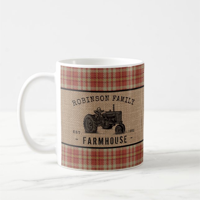 Family Farmhouse Rustic Tractor Red Plaid Burlap Coffee Mug (Left)
