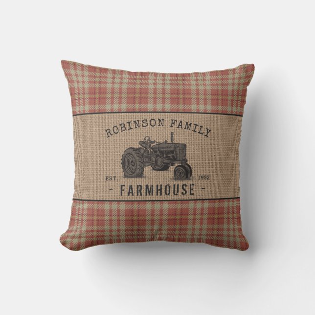 Family Farmhouse Rustic Tractor Red Plaid Burlap Cushion (Front)