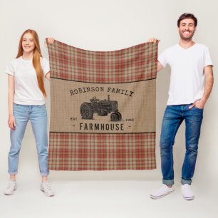Family Farmhouse Rustic Tractor Red Plaid Burlap Fleece Blanket