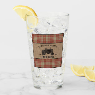 Family Farmhouse Rustic Tractor Red Plaid Burlap Glass