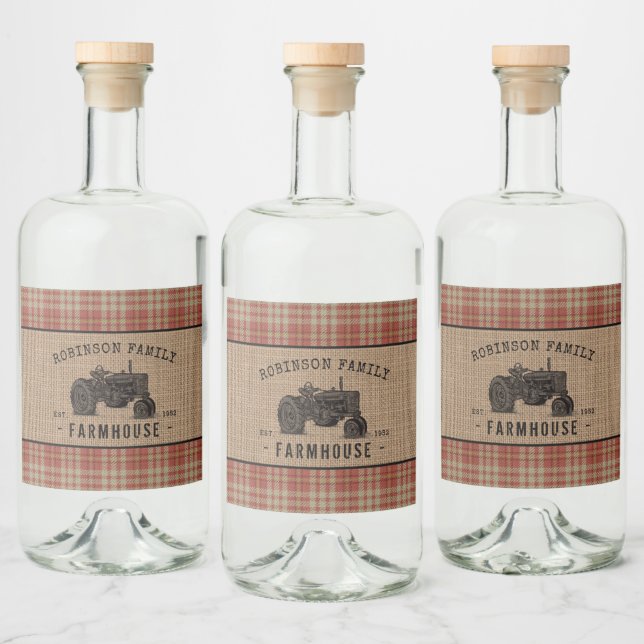 Family Farmhouse Rustic Tractor Red Plaid Burlap Liquor Bottle Label (Bottles)