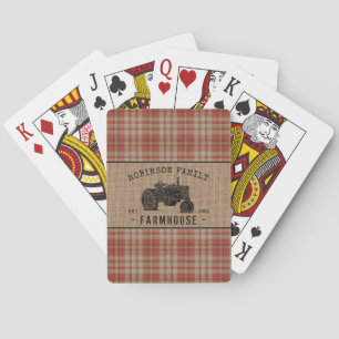 Family Farmhouse Rustic Tractor Red Plaid Burlap Playing Cards