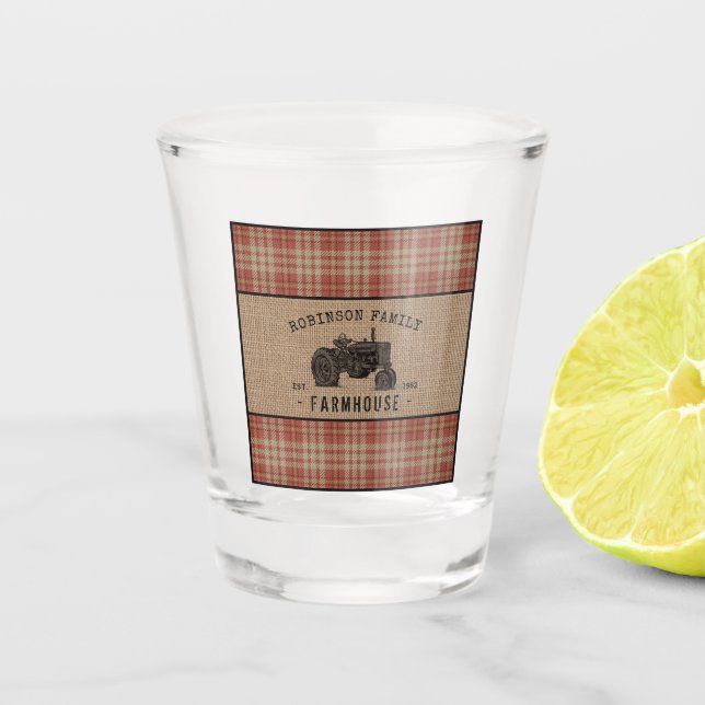 Family Farmhouse Rustic Tractor Red Plaid Burlap Shot Glass (Front)