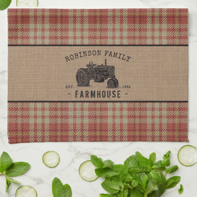 Family Farmhouse Rustic Tractor Red Plaid Burlap Tea Towel (Folded)