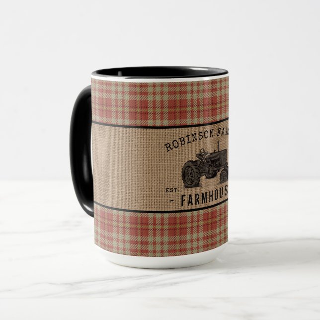 Family Farmhouse Tractor Red Plaid Burlap Big Mug (Front Left)