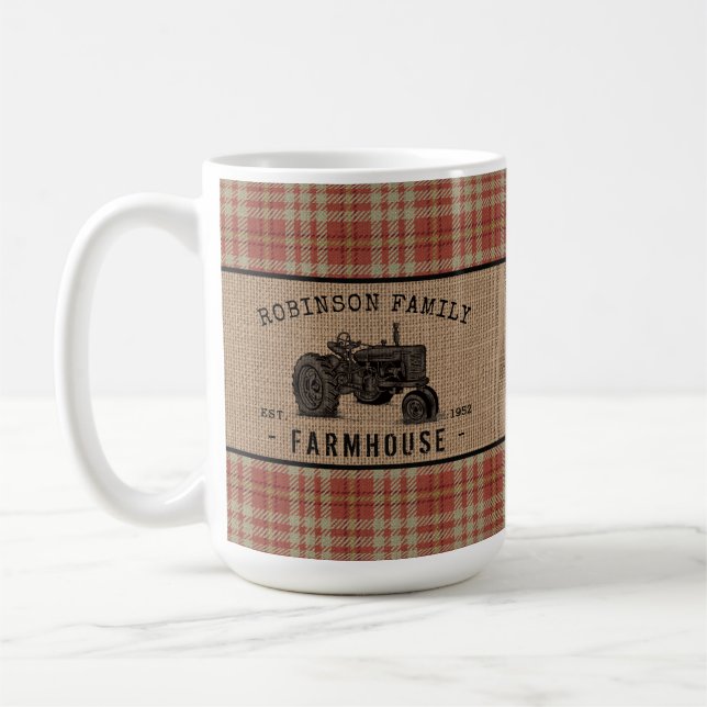 Family Farmhouse Tractor Red Plaid Burlap Large Coffee Mug (Left)