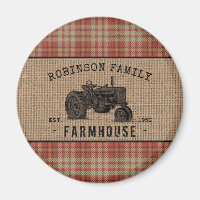 Family Farmhouse Tractor Red Plaid Burlap Round