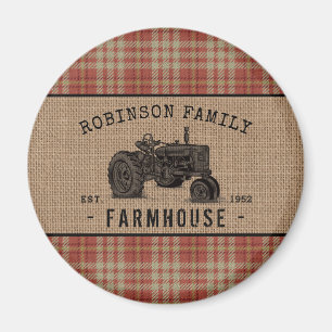 Family Farmhouse Tractor Red Plaid Burlap Round Magnet