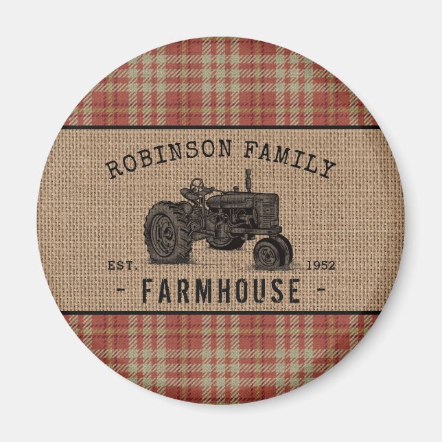 Family Farmhouse Tractor Red Plaid Burlap Round Magnet (Front)