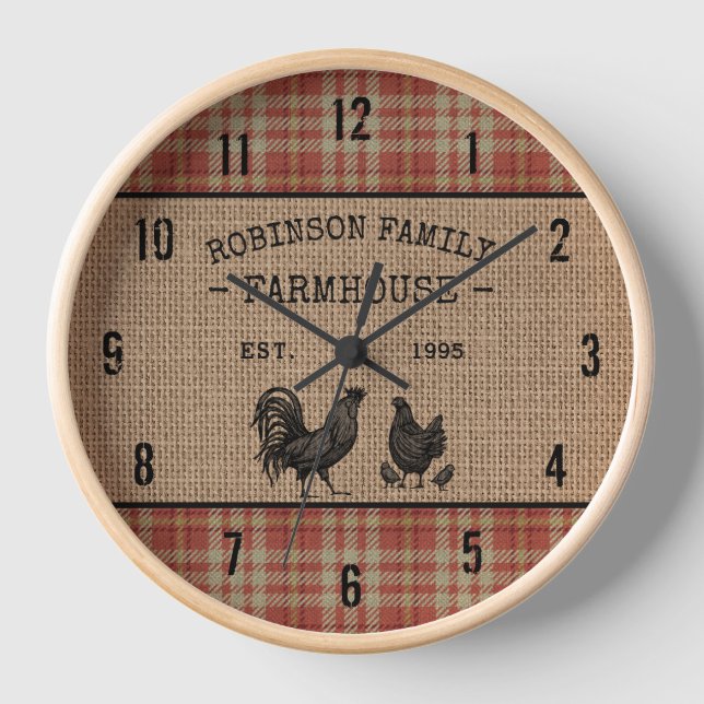 Family Farmhouse Vintage Red Plaid Burlap Clock (Front)