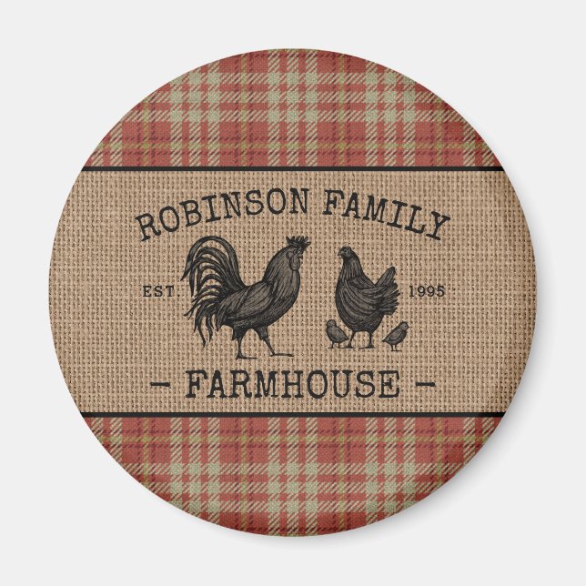 Family Farmhouse Vintage Red Plaid Burlap Round Magnet (Front)