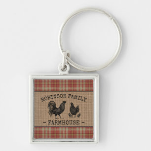 Family Farmhouse Vintage Red Plaid Burlap Square Key Ring
