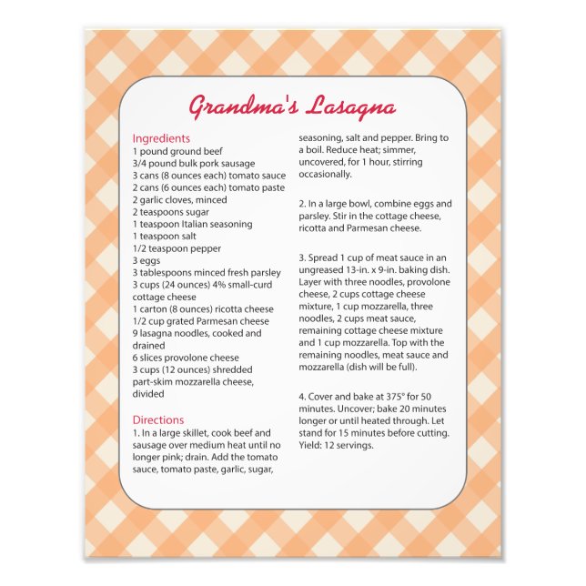 Family Favourite Recipe Retro - Lasagne Photo Print (Front)