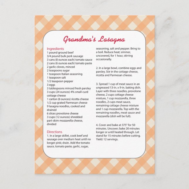 Family Favourite Recipe Retro - Lasagne Postcard (Front)