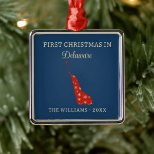 Family First Christmas In Delaware USA State Metal Tree Decoration