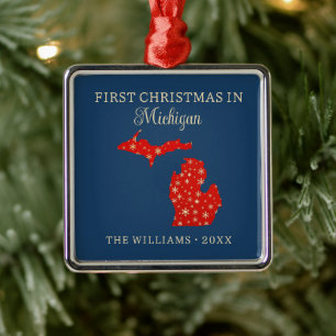 Family First Christmas In Michigan USA State Metal Tree Decoration