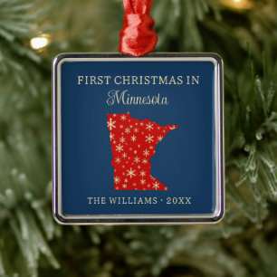 Family First Christmas In Minnesota USA State Metal Tree Decoration