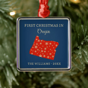 Family First Christmas In Oregon USA State Metal Tree Decoration