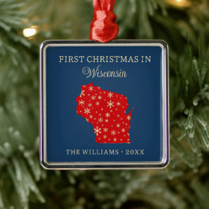 Family First Christmas In Wisconsin USA State Metal Tree Decoration