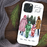 Family First Watercolor Family of 4 and Names iPhone 13 Pro Max Case<br><div class="desc">Personalised iphone case with trendy family scene. The design has a watercolor winter illustration of a family of four and is lettered with "Family First" in handwritten script. The template is ready for you to add your names. Designed for the iPhone 13 Pro Max but will fit many other models....</div>