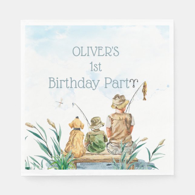 Family fishing trip: A Boy's 1st Birthday Napkin (Front)