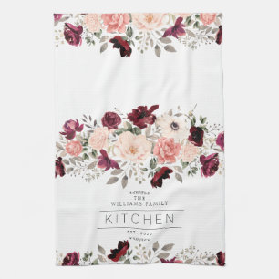 Family Floral Burgundy Tea Towel
