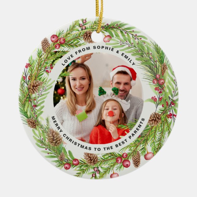 Family foliage wreath photo Christmas elegant Ceramic Tree Decoration (Front)