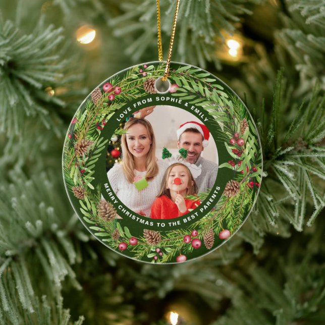 Family foliage wreath photo Christmas Green Ceramic Tree Decoration (Tree)