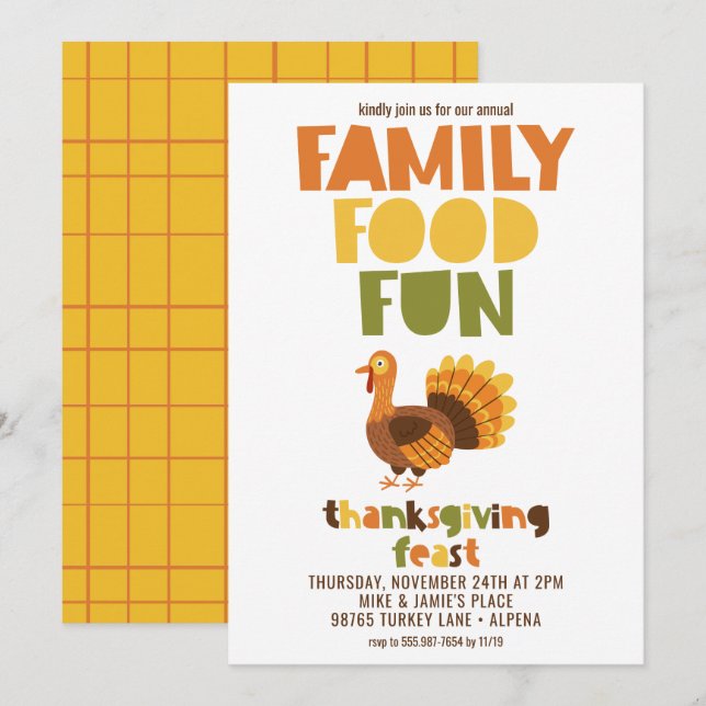 Family Food Fun Turkey Thanksgiving Feast Invitation (Front/Back)