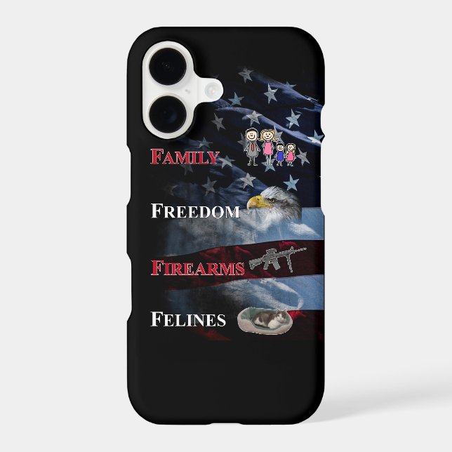 family, freedom, firearms, felines iPhone 17 case (Back)