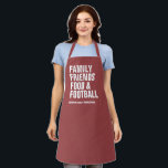 Family friends food & football maroon Thanksgiving Apron<br><div class="desc">Family, friends, food and football - or whatever your Thanksgiving is all about. This customisable apron features a festive maroon background and bold modern white type that can say whatever you want. Perfect for a modern and fun Thanksgiving or Friendsgiving celebration and it can be personalised too. Great Thanksgiving hostess...</div>