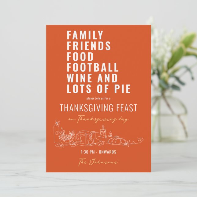 Family Friends Food Football Wine Pie Thanksgiving Invitation (Standing Front)