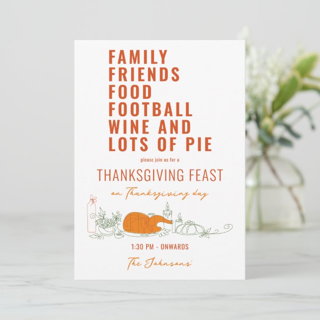 Family Friends Food Football Wine Pie Thanksgiving Invitation (Standing Front)