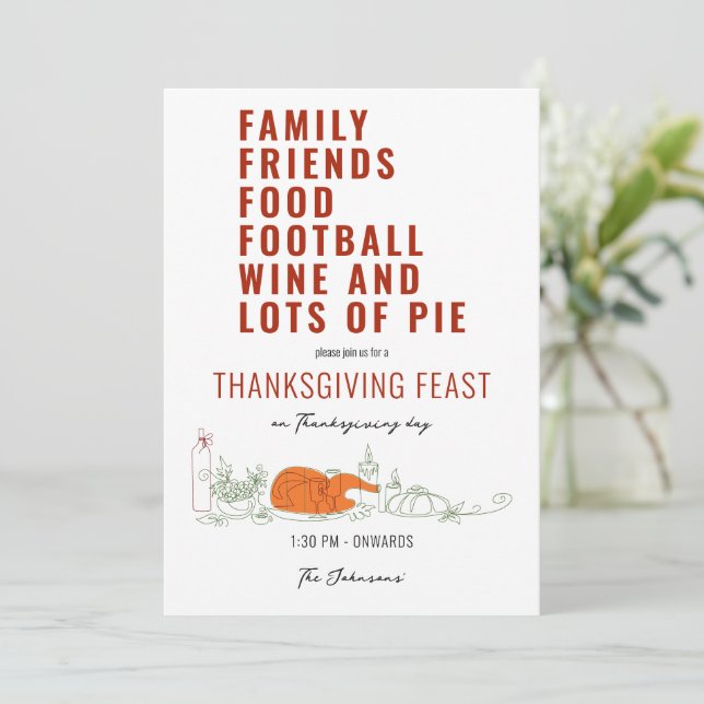 Family Friends Food Football Wine Pie Thanksgiving Invitation (Standing Front)