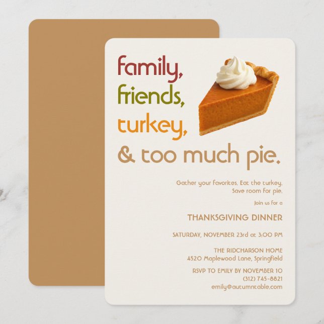 Family, Friends, Turkey, Pie Modern Thanksgiving Invitation (Front/Back)