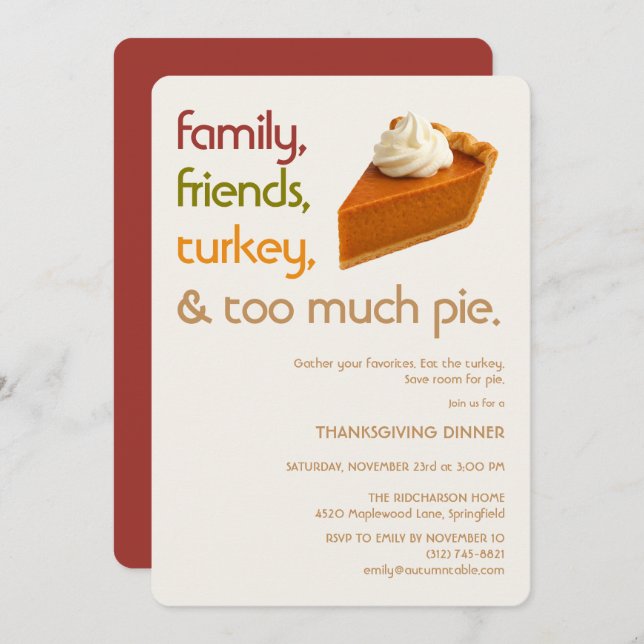 Family, Friends, Turkey, Pie Modern Thanksgiving Invitation (Front/Back)