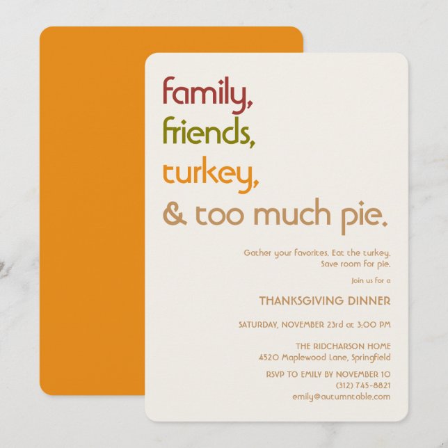Family, Friends, Turkey, Pie Modern Thanksgiving Invitation (Front/Back)