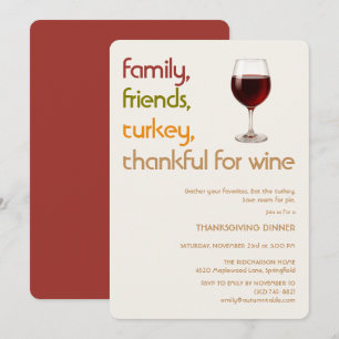 Family, Friends, Turkey, Wine Modern Thanksgiving Invitation