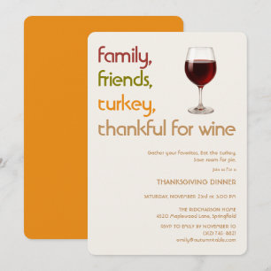 Family, Friends, Turkey, Wine Modern Thanksgiving Invitation