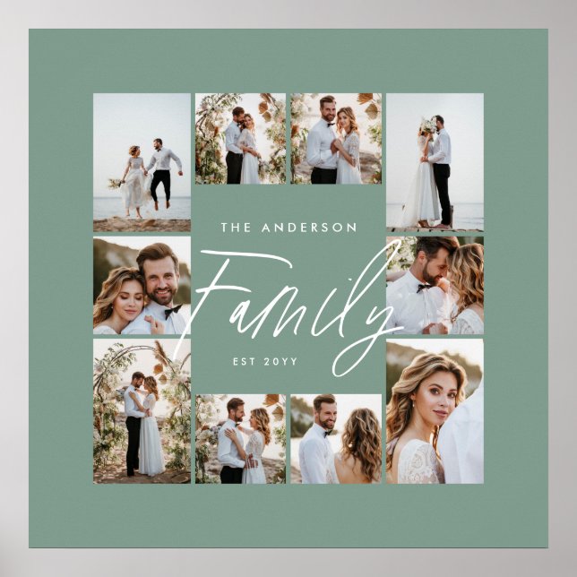 Family green elegant modern minimal photo collage poster (Front)