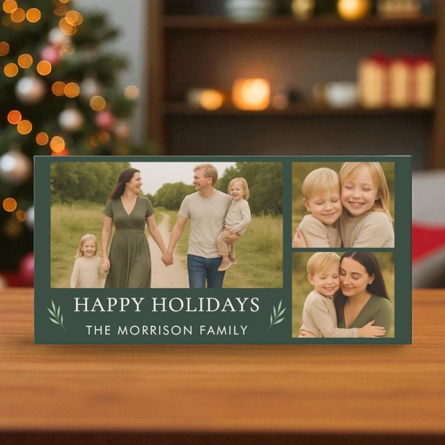 Family Green Happy Holidays 3 Photo Botanical  Holiday Card (Creator Uploaded)