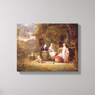 Family Group before a Thatched Cottage (oil on can Canvas Print