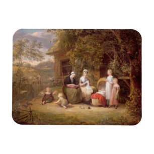 Family Group before a Thatched Cottage (oil on can Magnet