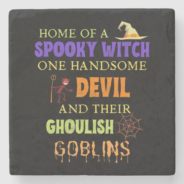 Family Halloween Quote With Witch Devil Spider Web Stone Coaster (Front)