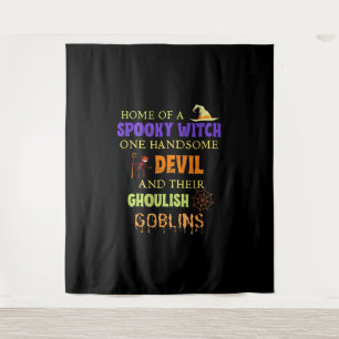 Family Halloween Quote With Witch Devil Spider Web Tapestry