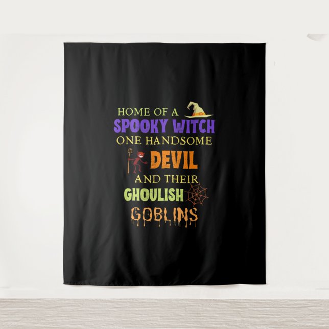 Family Halloween Quote With Witch Devil Spider Web Tapestry (Front)