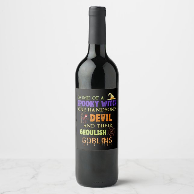 Family Halloween Quote With Witch Devil Spider Wine Label (Front)