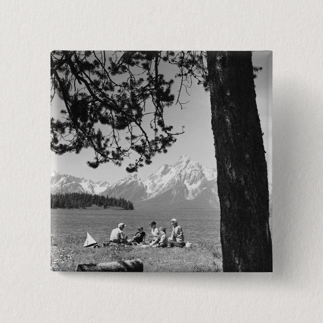 Family having picnic by lake mountains 15 cm square badge (Front)