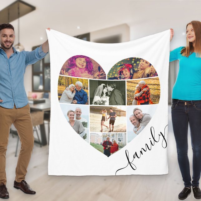 Family Heart Shaped 9 Photo Collage White Fleece Blanket (Creator Uploaded)