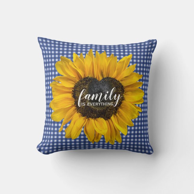 Family Heart Sunflower on Gingham  Cushion (Front)